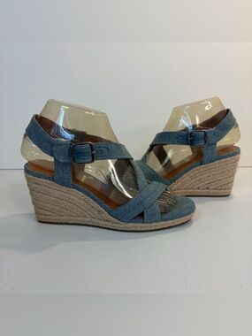 Lucky Brand Denim Espadrille Wedge Sandals Size 6 Blue Open Toe Shoes Boho Heels